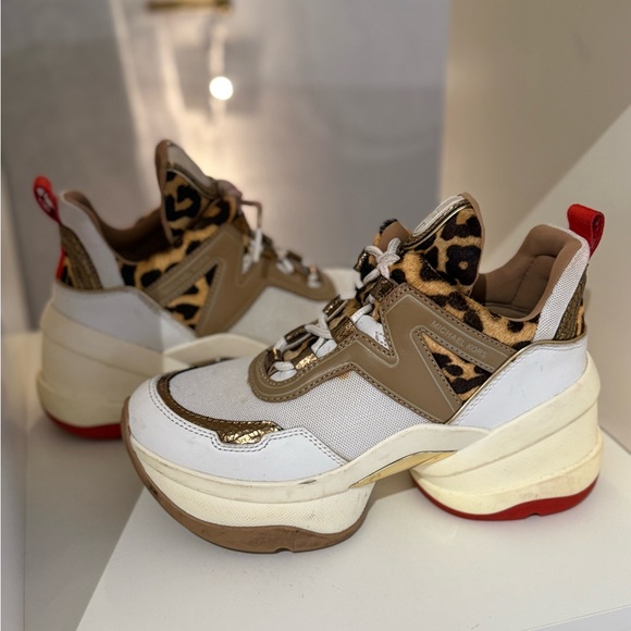 Michael Kors Leopard Print White Red Gold Olympia Trainer Size 6M - Picture 4 of 12